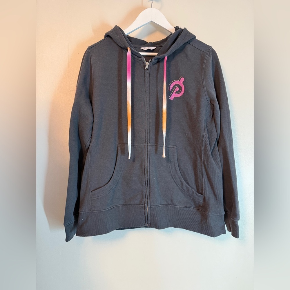 PELOTON ultimate fleece full zip hoodie black charcoal logo tie dye XL EUC